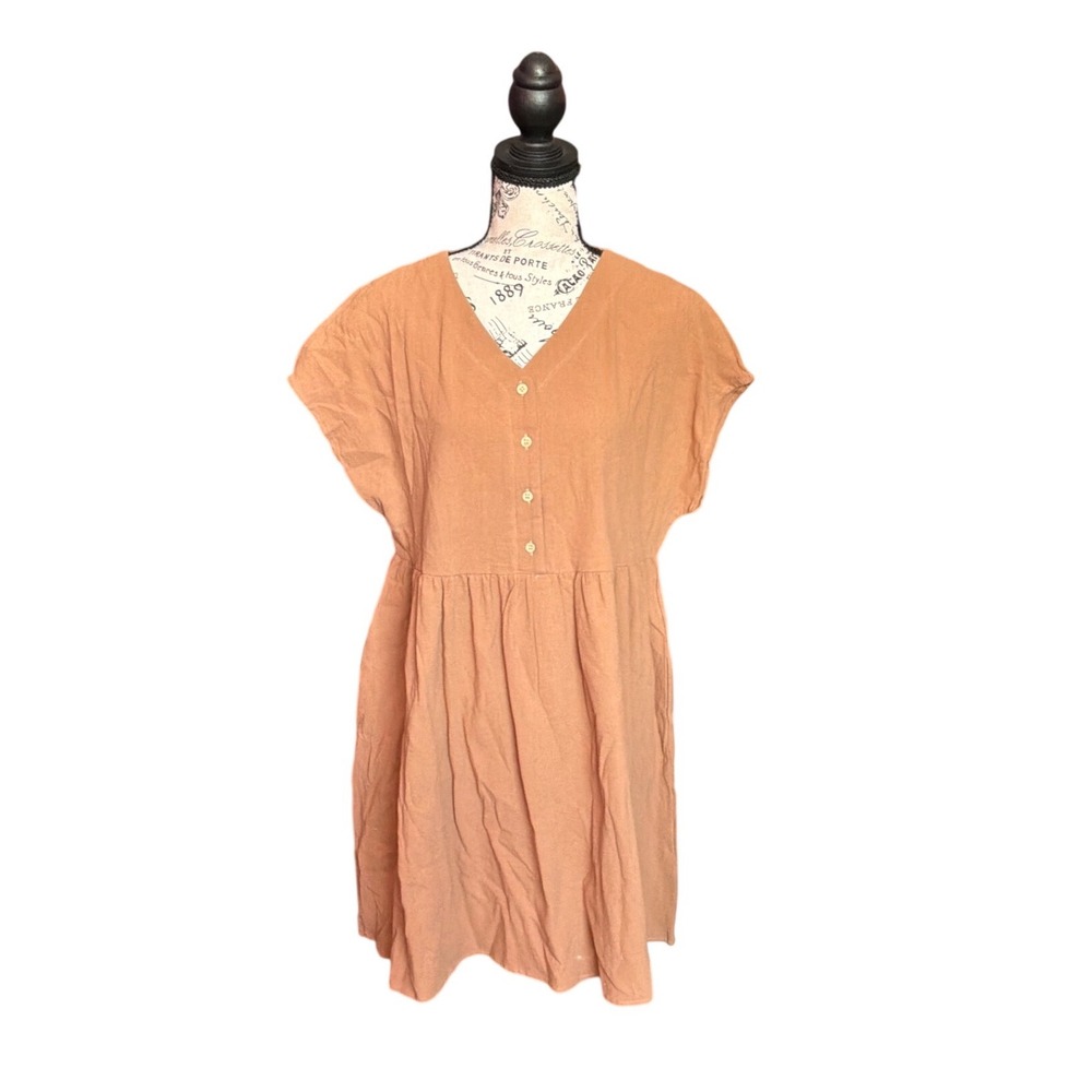 Emery‎ Rose Terracotta Orange Cotton Babydoll Dress V-Neck Button Front Medium